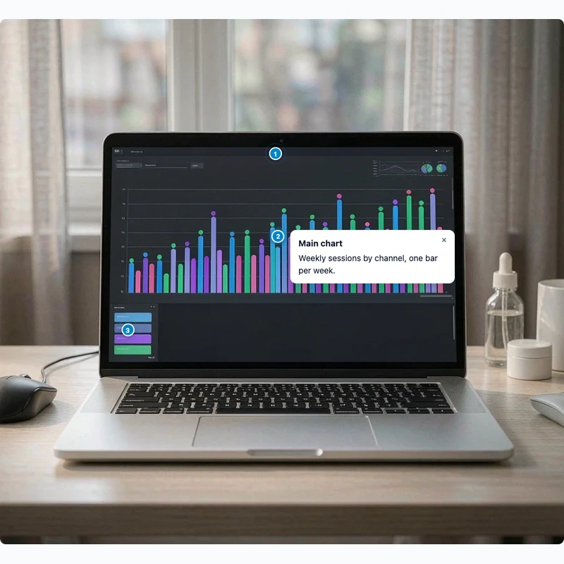 Dashboard screenshot with hotspot notes on the toolbar and main chart