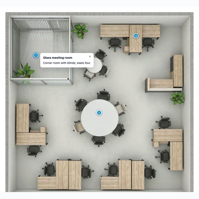 Office floor plan with clickable notes on the meeting room and desk pods