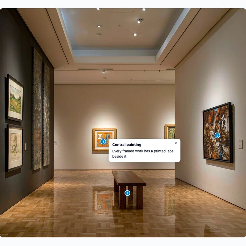 Museum gallery with visitor notes attached to the paintings
