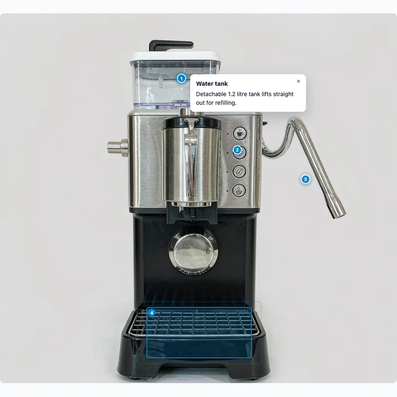Espresso machine with an open hotspot note about the water tank